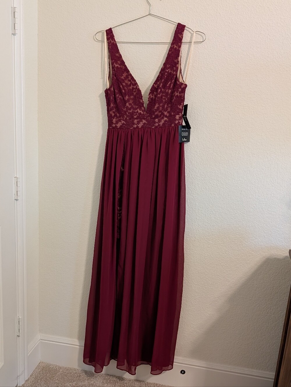 NWT Lulus Make Way for Wonderful Berry BurgundyLace Chiffon Maxi Dress Leg Slit